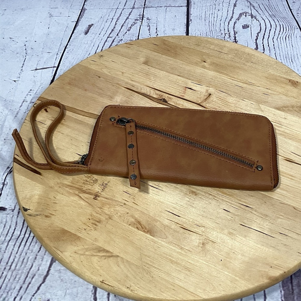 Free People Vegan Leather Zip Around Wristlet Wallet Brown Boho Stud Detail